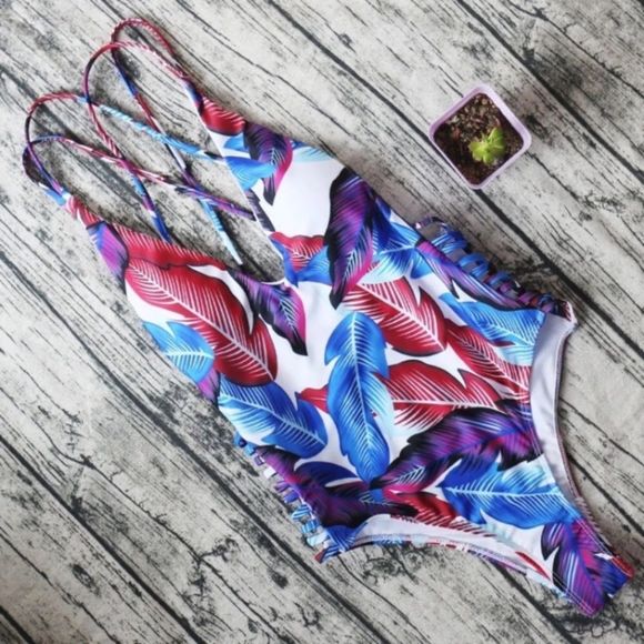 NWT Plunging Swimsuit Colorful Feather Print - Picture 6 of 8